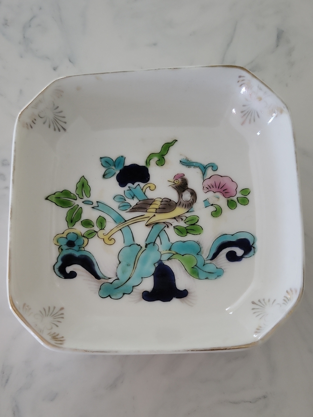 Vintage Handpainted Dish with Multicolor Floral & Bird Motif